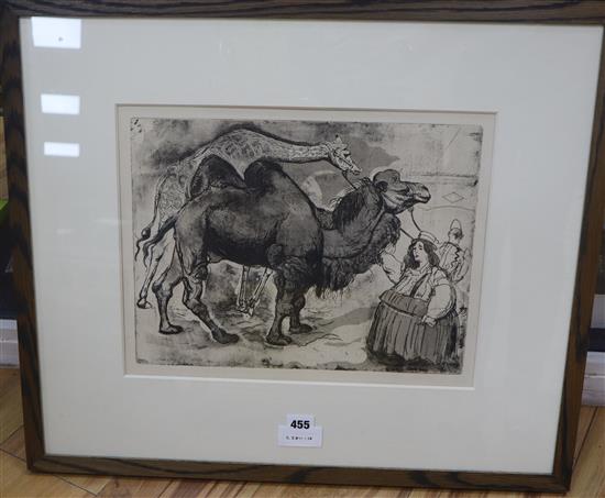 Russell Sidney Reeve (1875-1970), etching, Circus camel, giraffe and clowns, 28 x 37cm